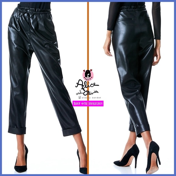 Alice + Olivia Pants - Alice + Olivia Liliana Black Vegan Leather Cropped Ankle Paper Bag Pant